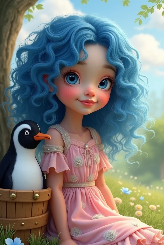 10 year-old girl with curly blue hair
A pink dress with pictures of white roses on it
A wooden basket with a penguin inside