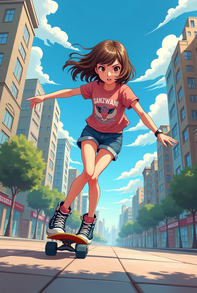 A  girl, anime style with brown hair, wavy shoulder length, skating on a penny
