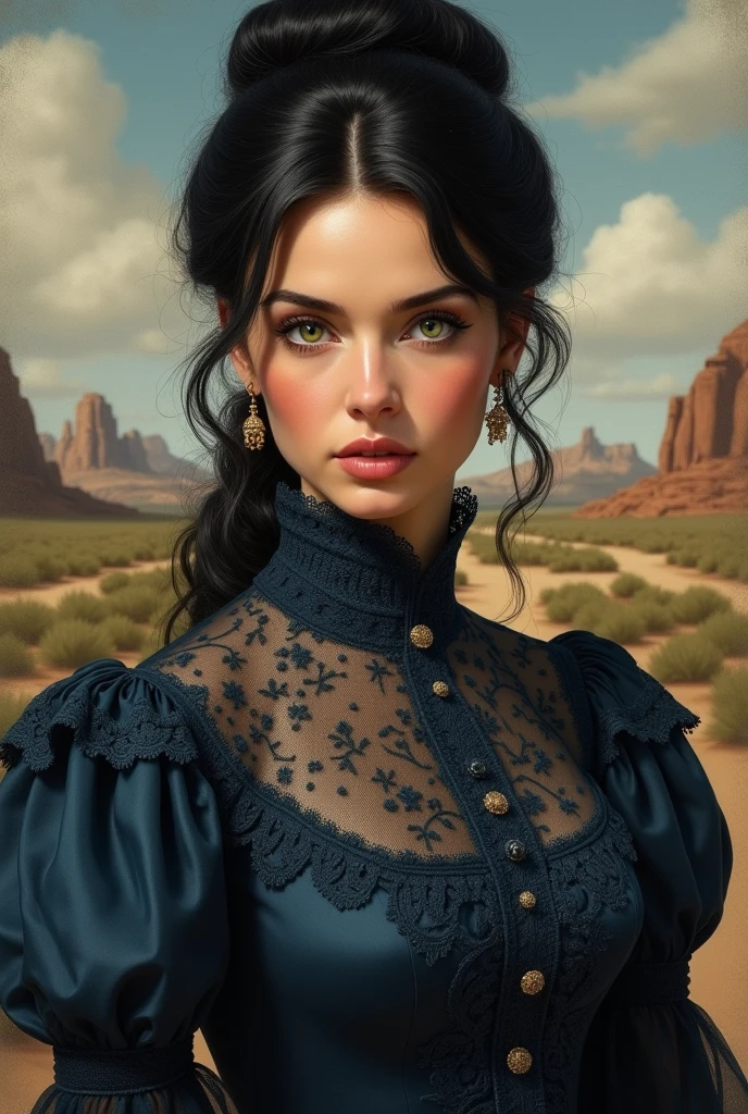 1875, southern lady, black hair, green eyes, feminine dress, wild west, wears her hair tied up, dark blue victorian dress