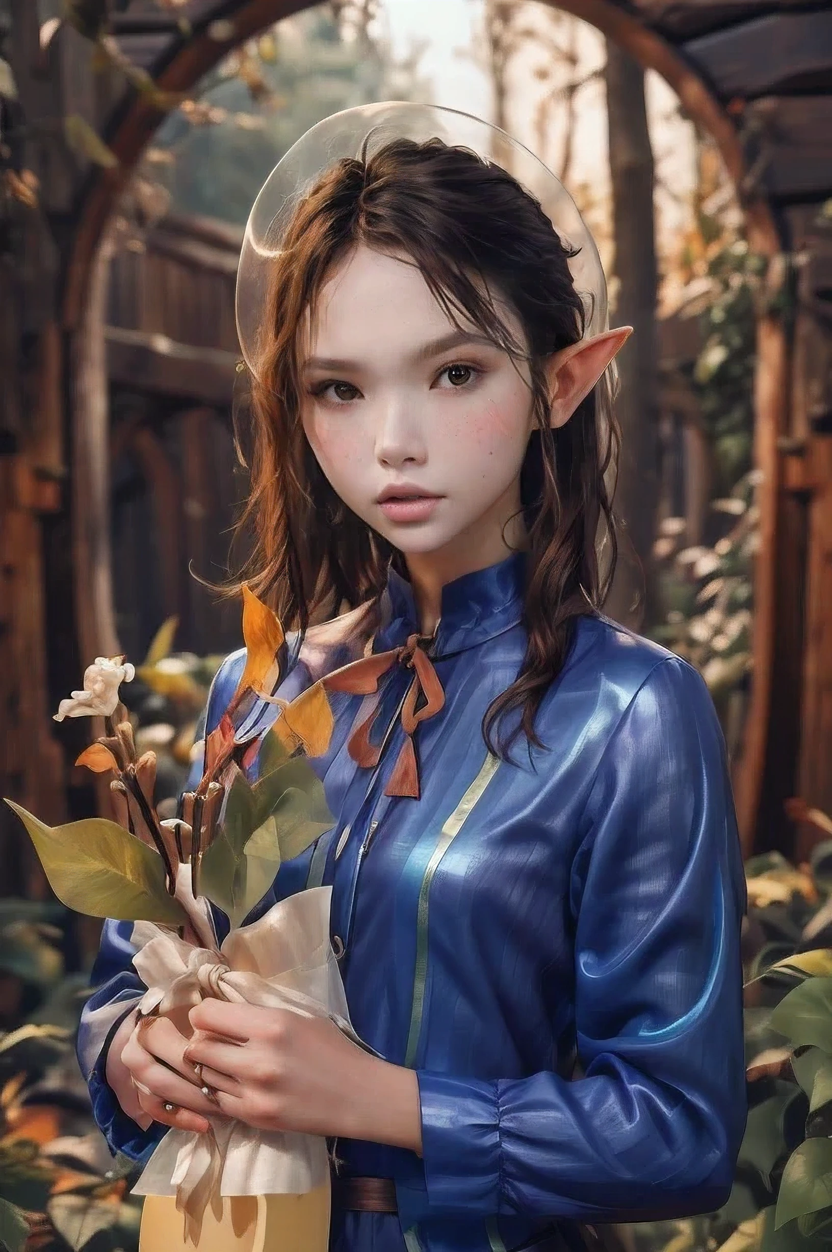 (masterpiece), best quality, expressive eyes, perfect face, A mature Elf lying in the foliage, with big red wavy hair, wearing transparent silk clothes, plump figure, delicate facial features, realistic picture quality, a Nordic woman, approximately 1, surreal, ((holding a big wooden arch biw:1.4))