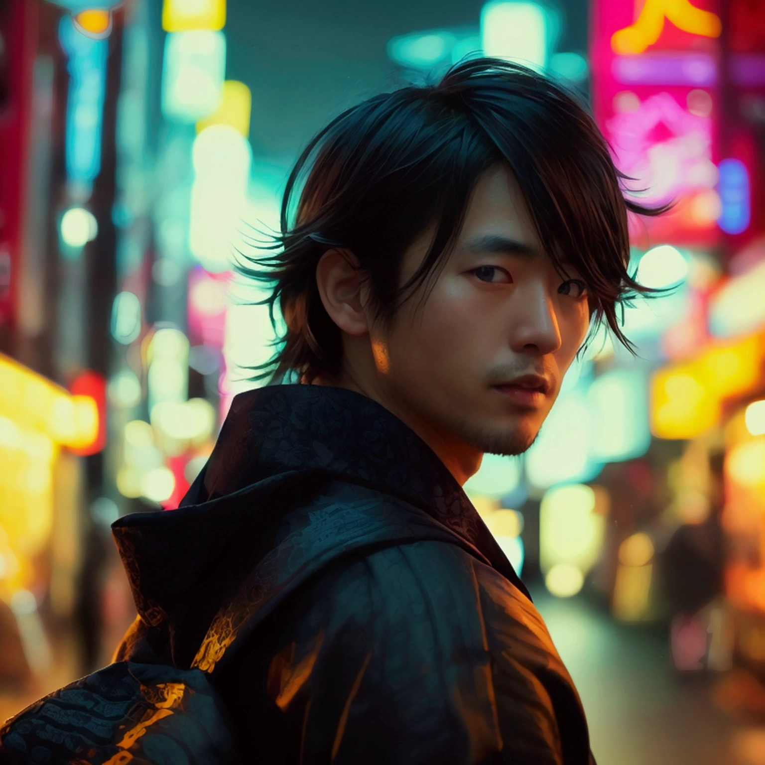 Japanese men、Black and long hair、Deep-set eyelids、40 years old、Backlight、Tokyo's neon streets、The back of the person standing there gazing into the distance