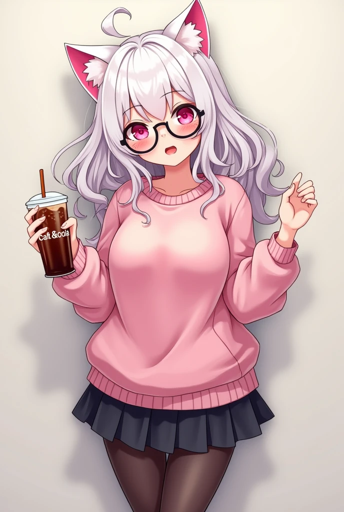 I have white pink hair, cat ears, A good, my face is super red, black glasses, pink heart eyes, a big pink sweatshirt, a black skirt, black stockings, White shoes, A cat's cola, a woman. Very shy in his bed on his knees, his bubbles grab you
