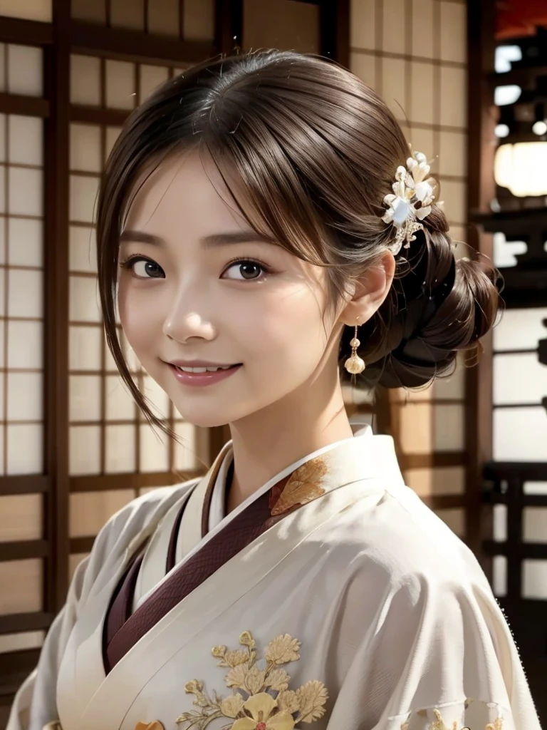(masterpiece, Highest quality:1.1), (8k, RAW Photos, Photorealistic:1.2, f22), (Glowing Skin), Detailed skin,Hair Bun,Detailed face, Detailed eyes,smilee,break, Real World, Intricate details, smile, break, One person, (kimono), break, (Kyoto:1.4), break