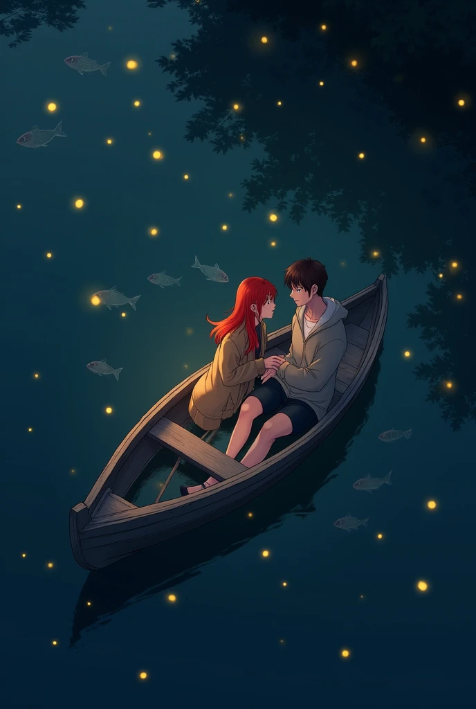 A couple, what sits in a small wooden boat at night. With fireflies and fish in the water. The perspective should be from above on the boat. The woman is wearing a jacket and shorts and has red hair. The man has brown hair and is wearing shorts and a sweater. They sit next to each other and look at each other lovingly.
