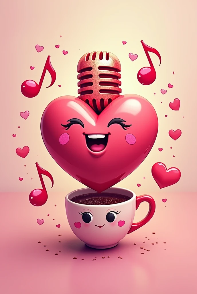 A logo with a microphone heart and music notes and bright pastel colors And a coffee cup with heart eyes and glitter