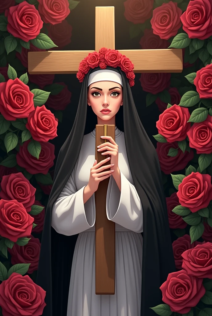 Animated Santa Rosa de Lima add a black cape, put more roses on it, put a white dress and a black cape on her like a nun, put a headband of roses on her head, make her more adult, MORE SERIOUS AND SHE LOOKS MORE LIKE A NUN, friend, NOT SO SERIOUS, not so young, and with more roses and she looks like a nun, she is looking at the crucifix that is stretched out over her hands