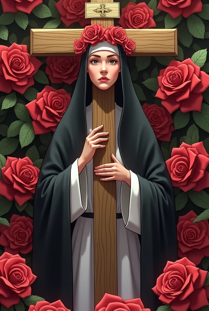 Animated Santa Rosa de Lima add a black cape, put more roses on it, put a white dress and a black cape on her like a nun, put a headband of roses on her head, make her more adult, MORE SERIOUS AND SHE LOOKS MORE LIKE A NUN, friend, NOT SO SERIOUS, not so young, and with more roses and she looks like a nun, she is looking at the crucifix that is stretched out over her hands