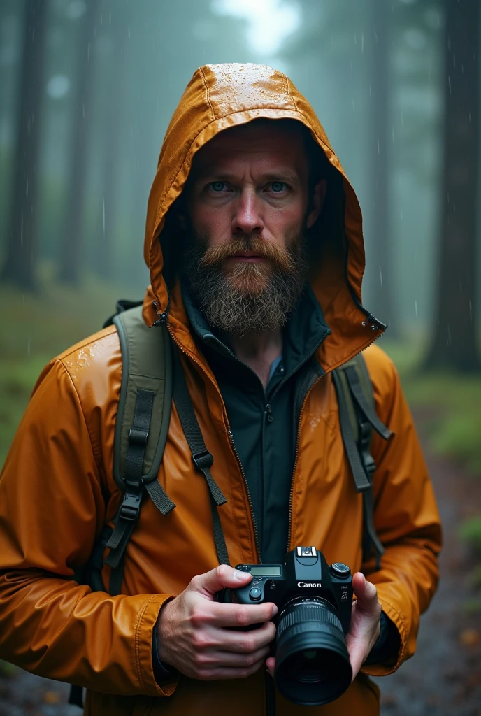 (best quality,4k,highres:1.2),rainy-day photorealistic portrait of a 3 white male photographer in the woods, with a detailed beard. He is holding a professional camera and wearing a zipped up tan rain jacket with the hood up. The raindrops on the jacket should be visible. The atmosphere should feel serene, with a hint of mystery. The lighting should be soft, with a slight foggy effect. The colors should be natural and muted, emphasizing the rainy ambiance.