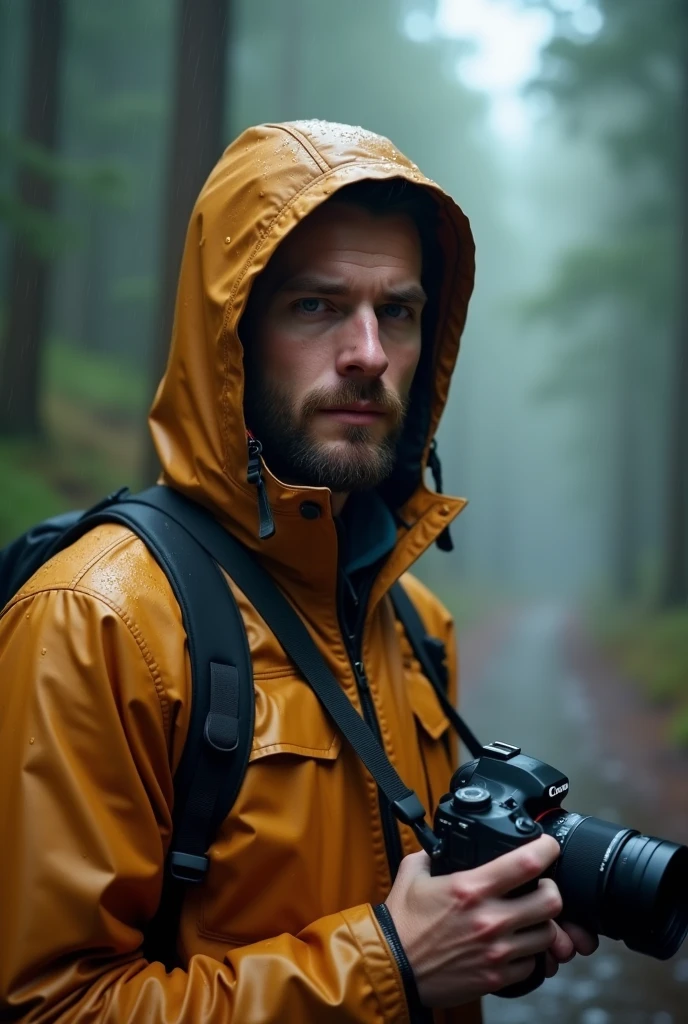 (best quality,4k,highres:1.2),rainy-day photorealistic portrait of a 3 white male photographer in the woods, with a detailed beard. He is holding a professional camera and wearing a zipped up tan rain jacket with the hood up. The raindrops on the jacket should be visible. The atmosphere should feel serene, with a hint of mystery. The lighting should be soft, with a slight foggy effect. The colors should be natural and muted, emphasizing the rainy ambiance.