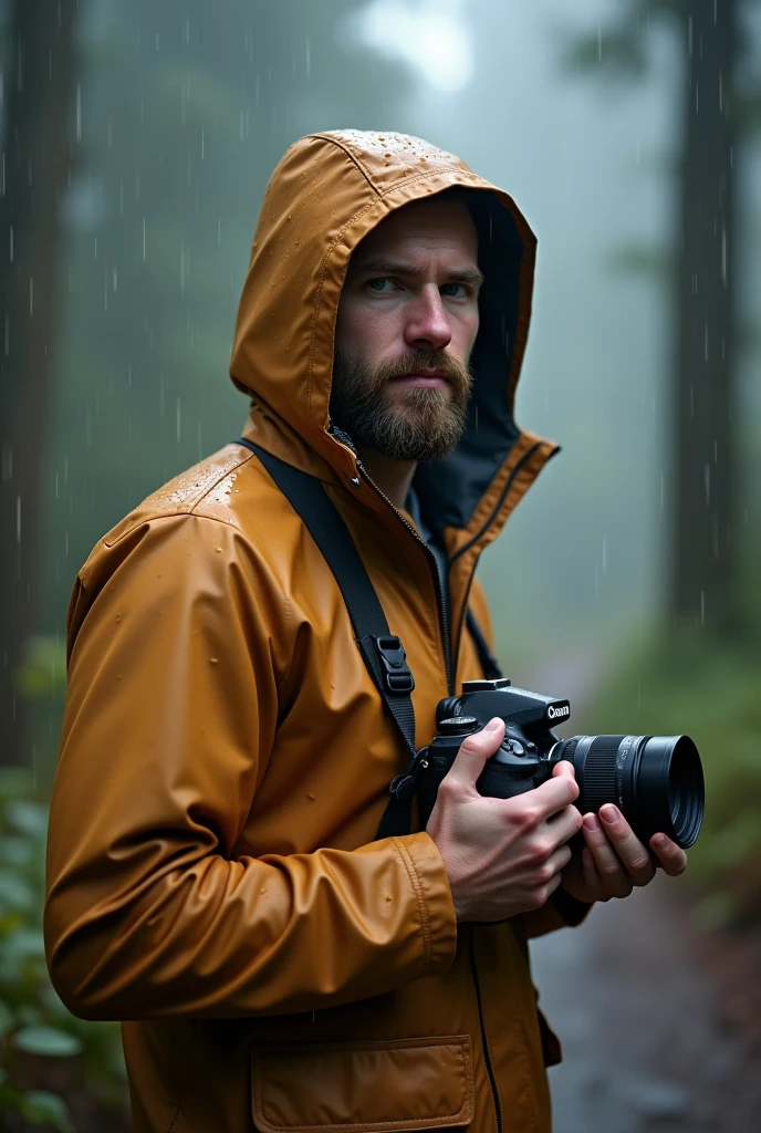 (best quality,4k,highres:1.2),rainy-day photorealistic portrait of a 3 white male photographer in the woods, with a detailed beard. He is holding a professional camera and wearing a zipped up tan rain jacket with the hood up. The raindrops on the jacket should be visible. The atmosphere should feel serene, with a hint of mystery. The lighting should be soft, with a slight foggy effect. The colors should be natural and muted, emphasizing the rainy ambiance.