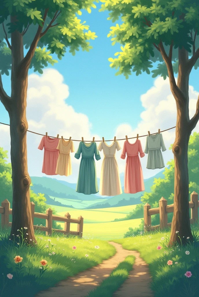 A realistic picture of a serene countryside, the afternoon sun casts a warm glow over a quiet yard where clothes hang on ropes strung between two slender trees. Soft pastel shades of women's long dresses, kids' cheerful outfits, and men's long pants and shirt sway gently in the breeze. The light, pastel colors—pale blues, soft pinks, and gentle greens—contrast beautifully with the lush greenery and the expansive sky. This simple, tranquil scene embodies the harmony of rural life, with the garments softly dancing in the sunlit air.