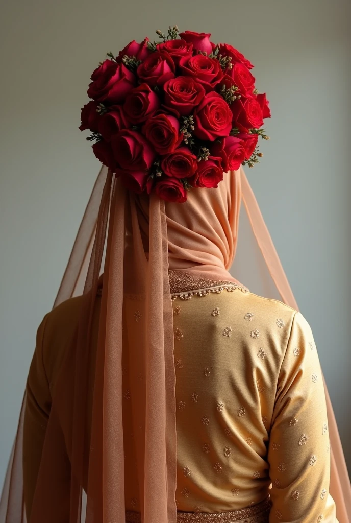 Picture of the back side of a muslim bride in hijab and golden jamdani sharee. No skin or hair will be visible, Head and neck will be fully covered by hijab/skarf. she will be wearing a flower bun of red roses over her hijab, the bun will cover her full bun, no hair will be seen. A transparent maroon veil will be over her head, through which, the flower-bun will be visible. the flower-bun will be under the maroon veil.