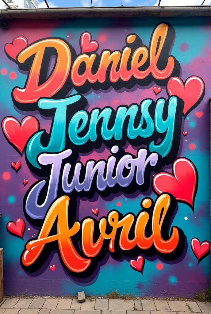 Create a graffiti in Spanish “DANIEL , follow, jennsy, junior , AVRIL” with incredible colors and drawn hearts