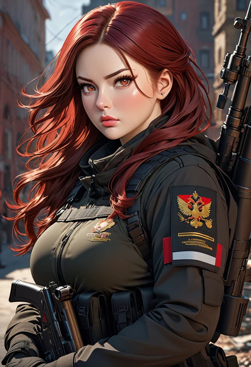 ((best quality)), ((artwork)), ((extremely detailed face)), ((perfect lighting)), ((extremely detailed CG)), ((perfect hands, perfect anatomy)) Appearance= Tall, athletic, curvy, pale, russian features, beauty mark under right lips, plump lip; hazel eyes; long straight maroon-red hair
Personality= Determined, strong-willed
Occupation= Sniper
 Clothing= Black tactical combat uniform.]