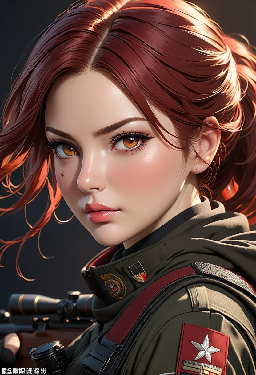 ((best quality)), ((artwork)), ((extremely detailed face)), ((perfect lighting)), ((extremely detailed CG)), ((perfect hands, perfect anatomy)) Appearance= Tall, athletic, curvy, pale, russian features, beauty mark under right lips, plump lip; hazel eyes; long straight maroon-red hair
Personality= Determined, strong-willed
Occupation= Sniper
 Clothing= Black tactical combat uniform.]