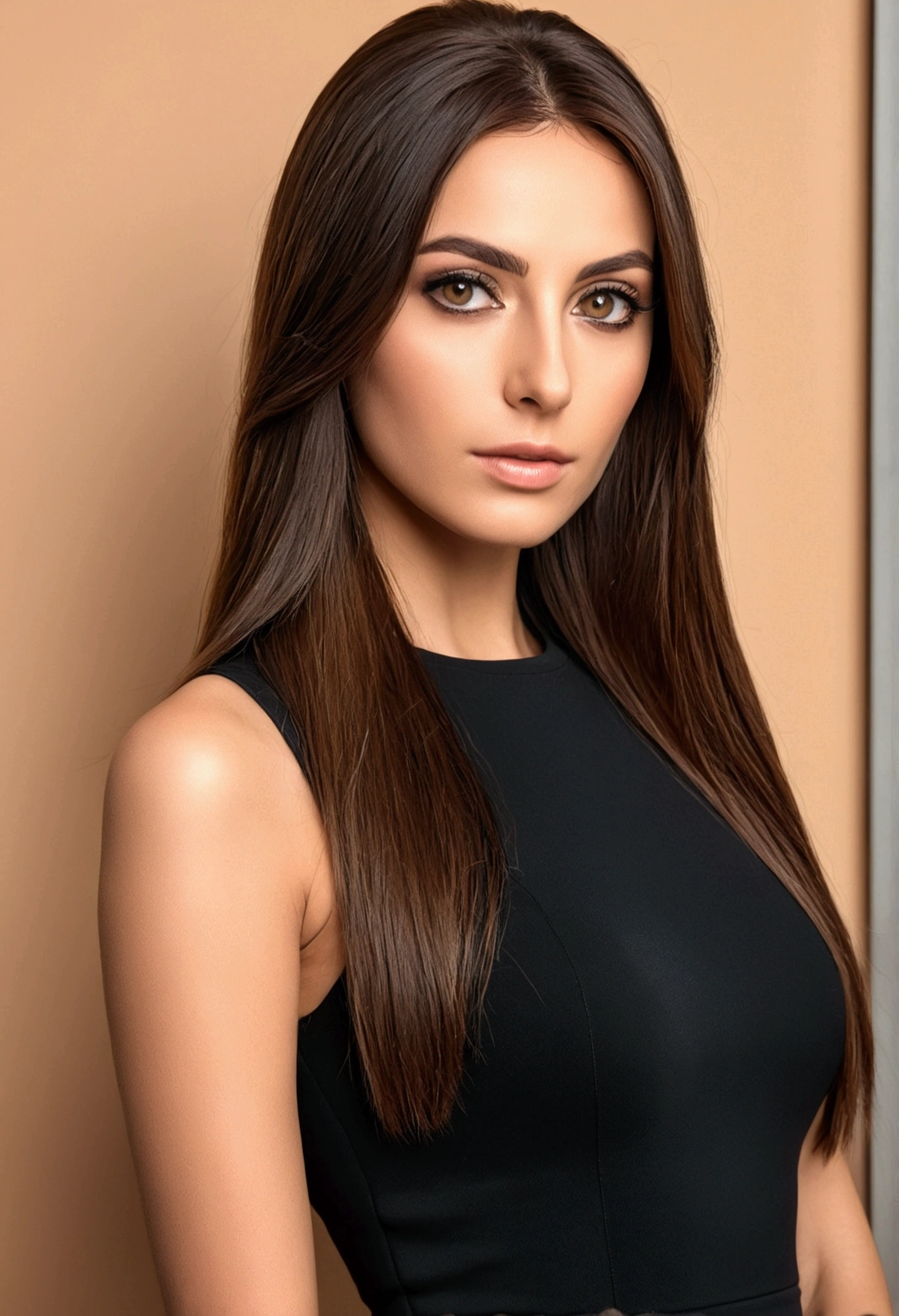 A very realistic and detailed photo of beautiful italian woman wearing black tight dress, perfect makeup, long sleek straight brown hair, high quality photo 4k, very detailed, perfect fit, looking at the camera, detailed realistic face, detailed eyes, confident