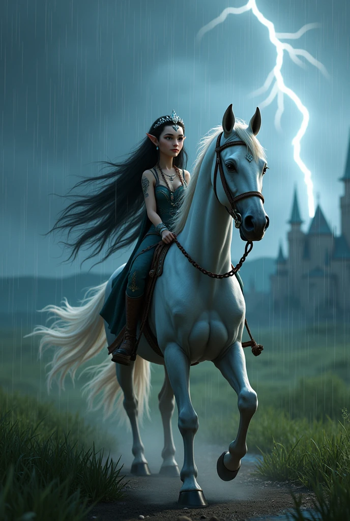 a young and beautiful elf princess, with elven tattoos, beautiful pale face, gray eyes, beautiful black hair with a crystal tiara, rides her white horse, it is raining torrentially, thunder is falling, the sky is extremely dark, in the background you can see in the distance a meadow on the outskirts of an immense castle, cinematic lighting, pixar style, long shot