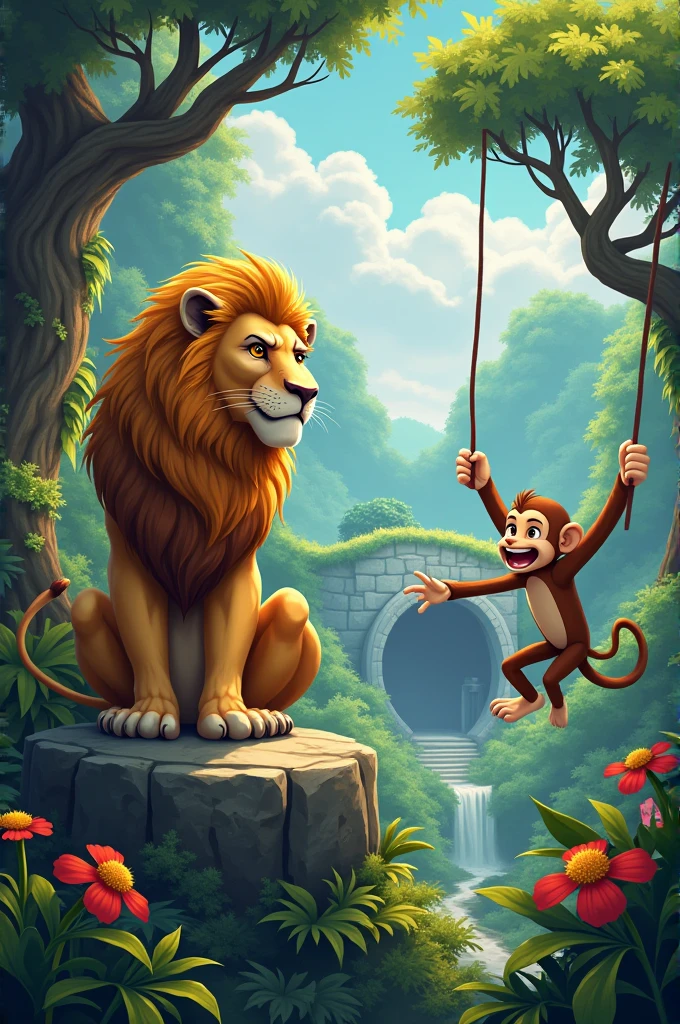Title: "The Lion and His Clever Friend"
Description:
In a lush, green jungle, a mighty lion and a clever monkey stand together in a vibrant, new clearing. The lion, with his golden mane, sits proudly on a rock, while the monkey, with a playful expression, swings from a nearby tree branch. The background shows a large, safe den they’ve just moved into, surrounded by colorful flowers and tall, strong trees. The sky is clear, symbolizing the calm after the storm.
This image captures the essence of their friendship and their new beginning in a safe and beautiful place.