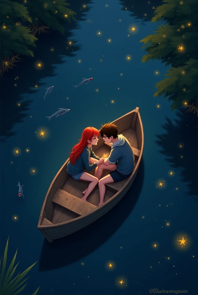 A couple, what sits in a small wooden boat at night. With fireflies and fish in the water. The perspective should be from above on the boat. The woman is wearing a jacket and shorts and has red hair. The man has brown hair and is wearing shorts and a sweater. They sit next to each other and look at each other lovingly.