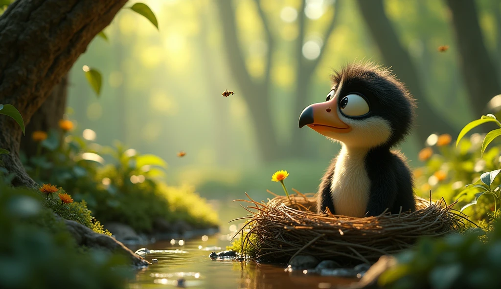 ((8k)), ((best qualityer)), ((work of art)), (detailded), Nile, sitting in his nest on the ground, begins to observe the forest with new eyes. He sees small insects flying between colorful flowers, leaves falling gently from the trees, and the soft sound of a stream in the distance. His expression changes from sadness to curiosity and reflection., as he notices the beauty of the little things around him. in Disney Pixar 3D style, the scene is full of vivid colors and subtle details in nature, destacando a transformação interna de Nile.