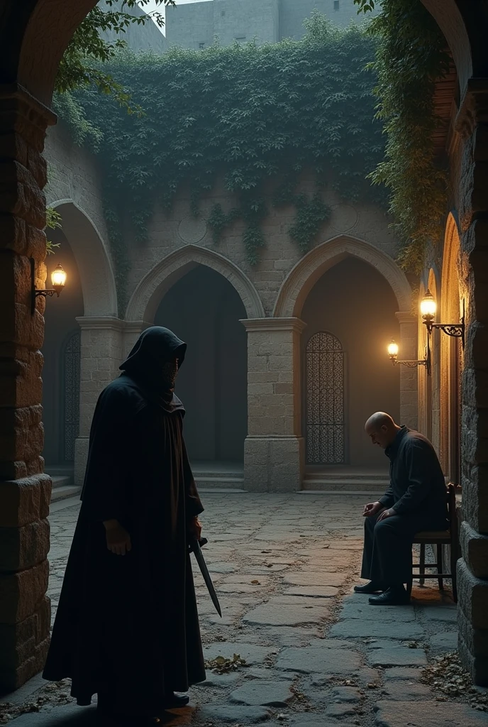 new Create a highly detailed scene depicting a fidai from Hassan-i Sabbah's group executing a precision assassination. The setting is a dimly lit, secluded courtyard within the fortress walls of Alamut Castle, under the cover of night. The courtyard is surrounded by high, stone walls adorned with climbing ivy, and the ground is uneven, paved with cobblestones that are partially covered with scattered leaves.
Scene Elements:
Fidai: The fidai is dressed in dark, practical stealth gear, including a hooded cloak that blends into the shadows. His attire is equipped with hidden compartments for weapons. He wears a leather mask covering his face, leaving only his sharp, focused eyes visible. His posture is tense and controlled as he crouches behind a column or within a dark alcove, waiting for the right moment to strike.
Target: The target, a high-ranking political figure, is depicted in the midst of a routine, unaware of the impending danger. The target is dressed in elaborate robes, indicative of their status, and is engaged in a private conversation or inspecting a document. The background should include some opulent, yet subtle, decor, such as rich tapestries or ornate furniture, reflecting the target's high status.
Assassination Action: The fidai is in the final stage of the assassination, moving silently towards the target. The scene captures the precise moment of action—perhaps the fidai is wielding a hidden blade or a poisoned dagger. The tension should be palpable, with every detail emphasizing the stealth and skill involved.
Environment: The courtyard is illuminated by dim, flickering lanterns mounted on the walls, casting long shadows and creating a play of light and dark that adds to the atmosphere. The scene should include subtle elements of medieval Persian architecture, such as carved stonework or intricate iron grilles, to ground the setting in its historical context.
Additional Details: Include faint sounds of the night—rustling leaves, distant murmu