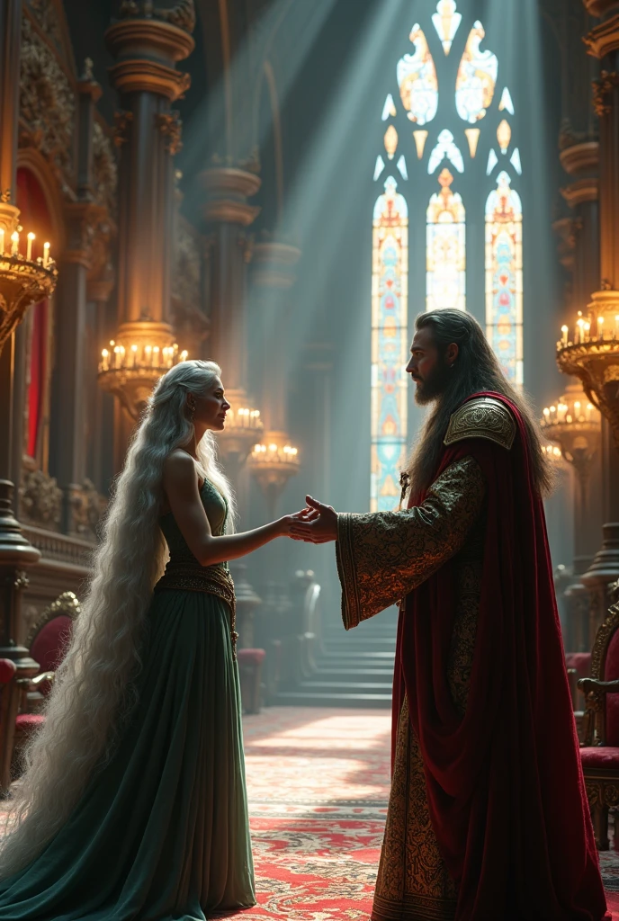 a fantasy scene of an alliance between an elven mage and a human king in the ballroom of the king's castle, detailed fantasy characters, intricate architectural details, ornate decor, dramatic lighting, dynamic camera angle, cinematic composition, vivid colors, masterpiece, hyper realistic, 8k, photorealistic