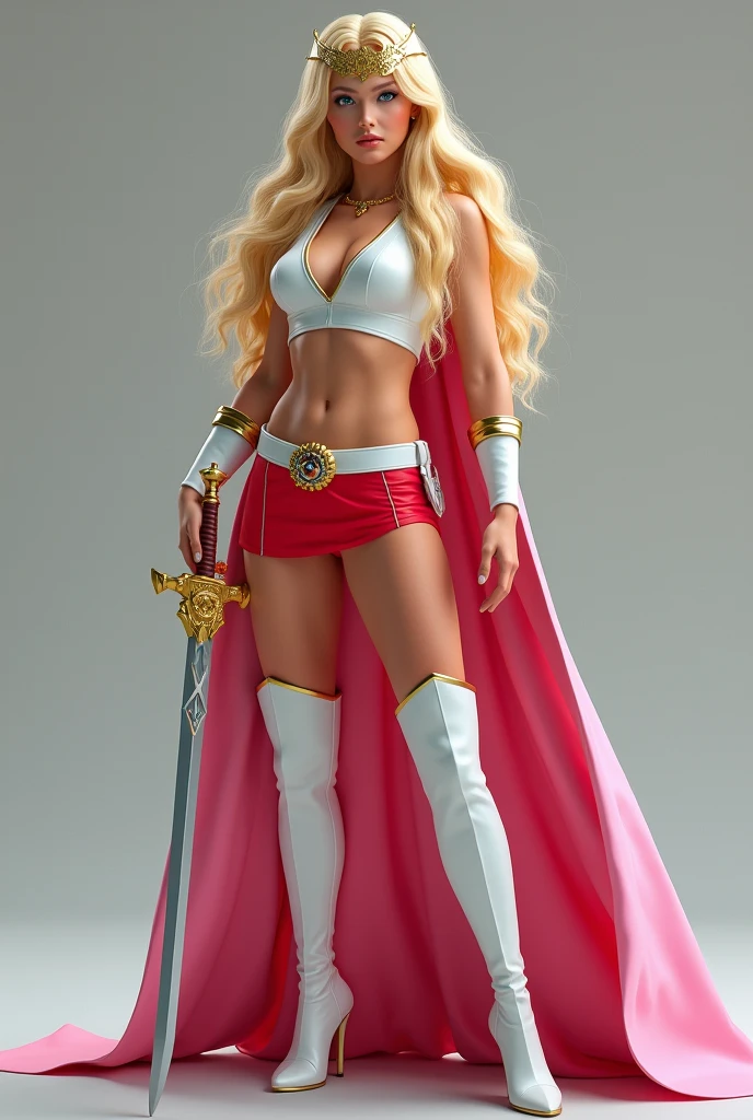 FULL SHE-RA GEAR AND ARMOR. A SEXY LARGE BREASTED YOUNG BLONDE SHE-RA WITH BLUE EYES WEARING A WHITE V SHE-RA BLOUSE WITH A SHE-RA EMBLEM ON THE HER CHEST, SHE-RA TIARA, A SHORT RED MINI SKIRT WITH A WHITE LEATHER BELT, TALL WHITE HEELED BOOTS, AND A LONG PINK CAPE. , PHOTO REALISM, HYPER DETAILED AND TEXTURES. HOLDING HER SHE-RA SWORD UP IN THE AIR.