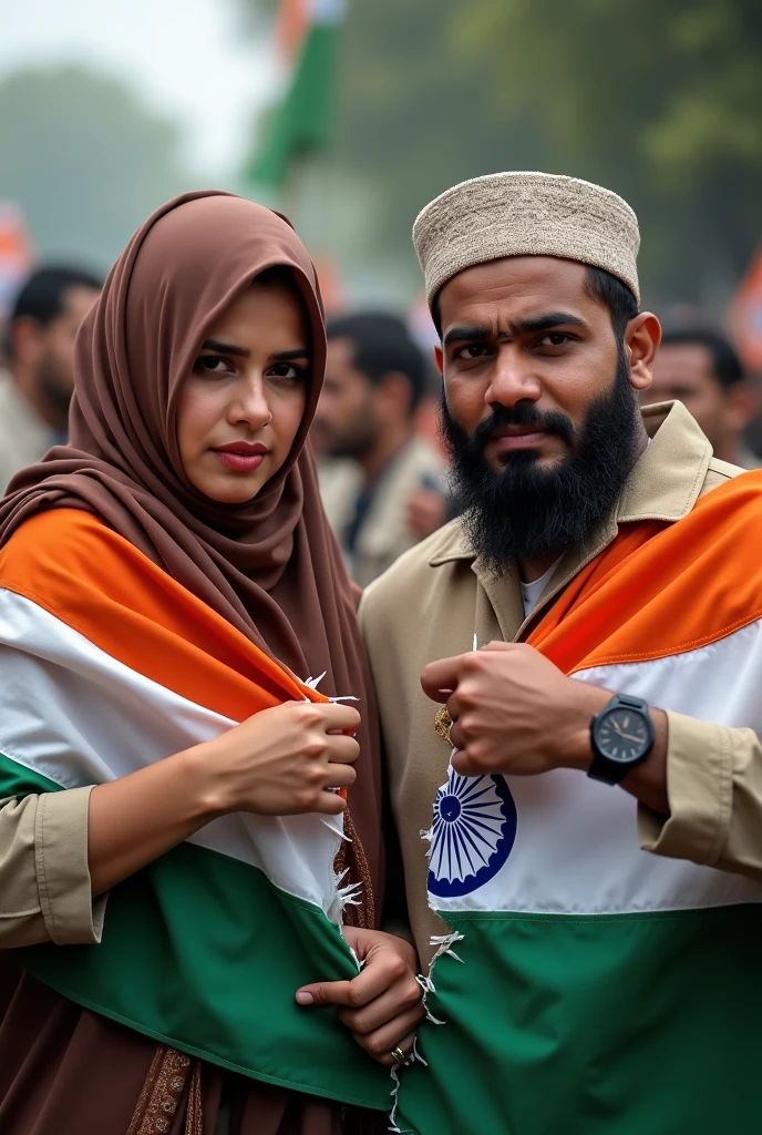 Muslim couple wearing hijab hats tearing Indian flag