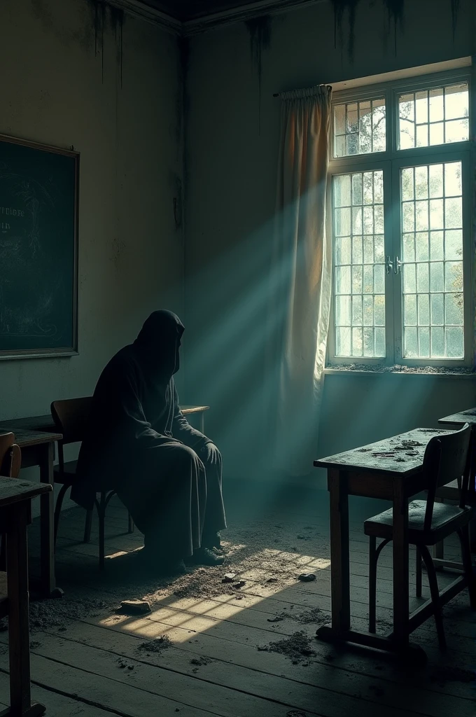 Burning Classroom**:
    - **Instructions**: An old classroom, with burnt benches and black walls.  A shadow figure sits in the corner of the classroom, the shadow is very vague, but creating a terrible feeling.
