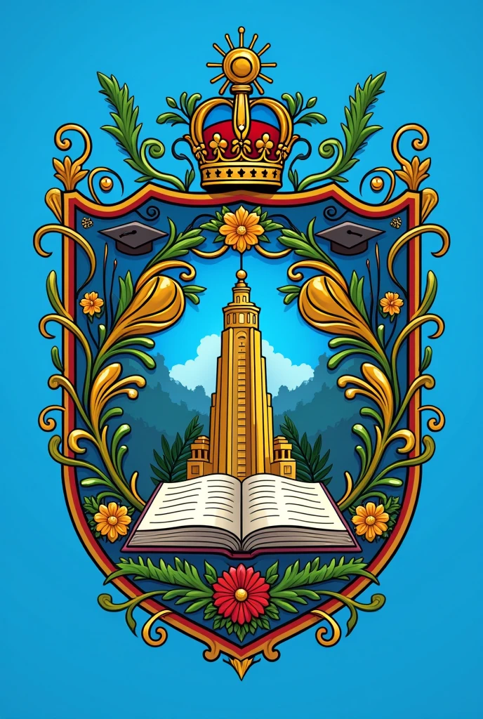 I need a coat of arms for school, in blue color with books, Sheets, graduation hats, a historical monument in gold, with a very Brazilian appearance and with the name Colégio Estadual Milton Santos