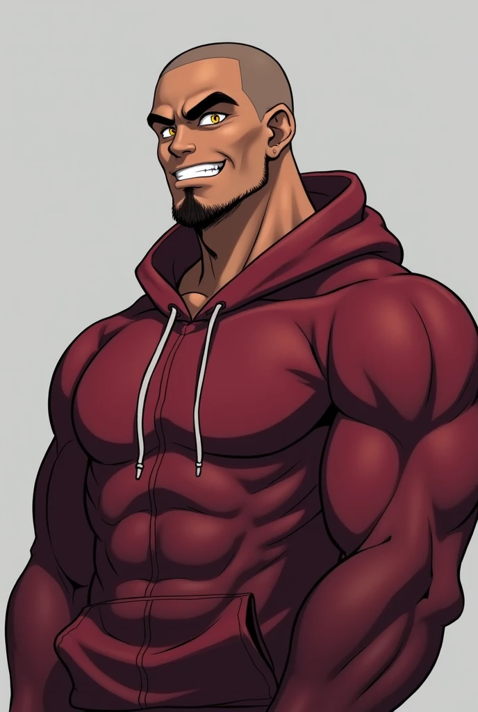 Anime characters：Ghee, Young muscular sports teacher, Black people&#39;s dark skin, Shaved head, Masculinity, Men&#39;s Center, Dark red long sleeve hooded sweatshirt, Very tough, Muscular male, Muscular, only, Upper Body, alone, Black short hair, Thick eyebrows, Stubble, Yellow Eyes, Gray background, Simple Background, Great quality, Best aesthetics, Ridiculous, Bright Eyes, Crew Cut, Lips parted, Captivating smile, Torogao, Mischievous face, Highest quality