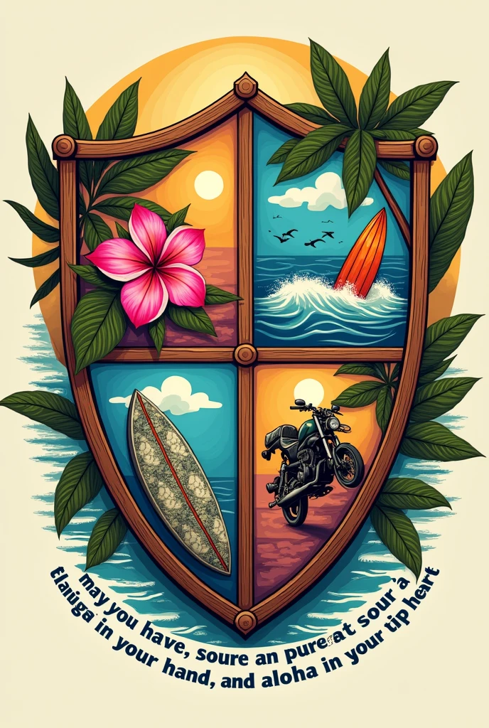 four-section shield, that has a shape similar to that of Hogwarts inside them they go: a pink hawaiian flower, a surfboard, a motorcycle and a turtle drawn in Hawaiian style, and under the shield that bears the words: may you have grace in your step song in your hand and aloha in your heart