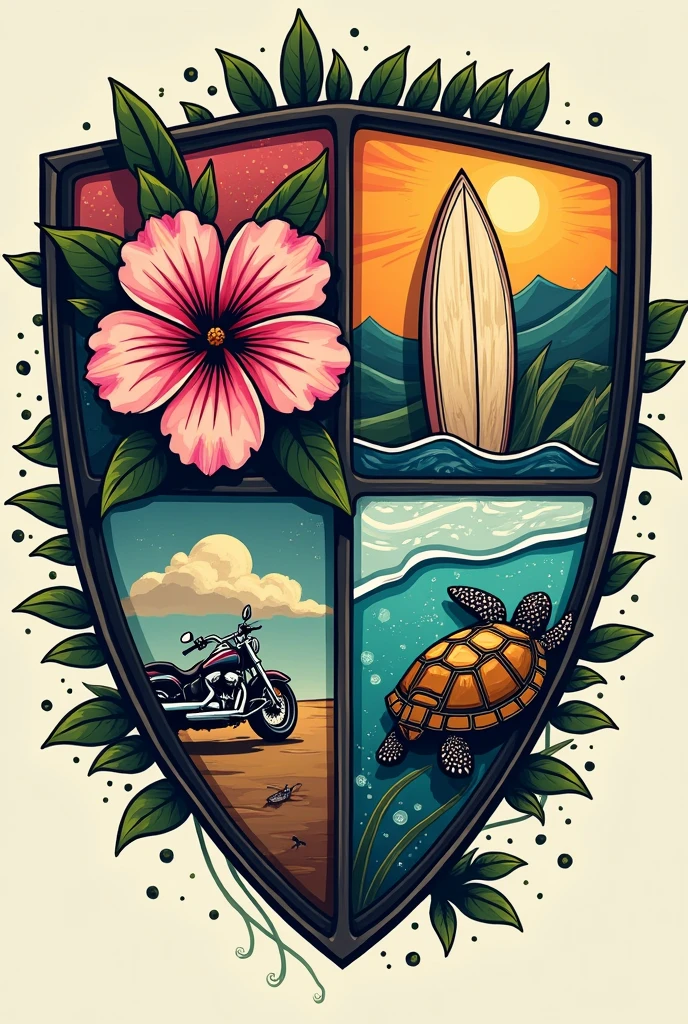 four-section shield, that has a shape similar to that of Hogwarts inside them they go: a pink hawaiian flower, a surfboard, a motorcycle and a turtle drawn in Hawaiian style, and under the shield that bears the words: may you have grace in your step song in your hand and aloha in your heart