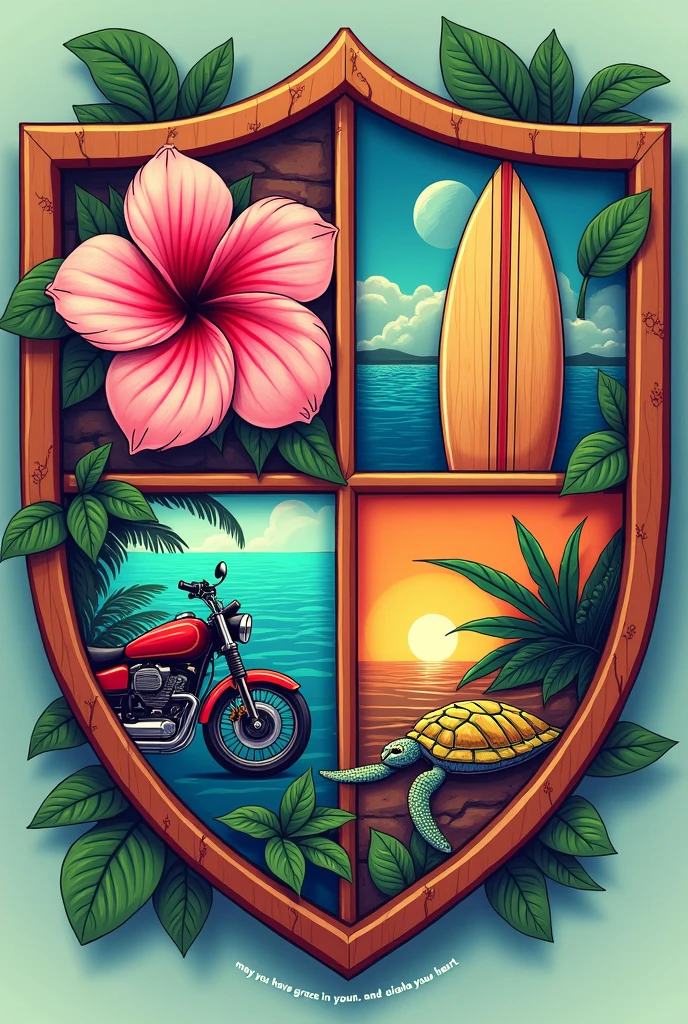 four-section shield, that has a shape similar to that of Hogwarts inside them they go: a pink hawaiian flower, a surfboard, a motorcycle and a turtle drawn in Hawaiian style, and under the shield that bears the words: may you have grace in your step song in your hand and aloha in your heart