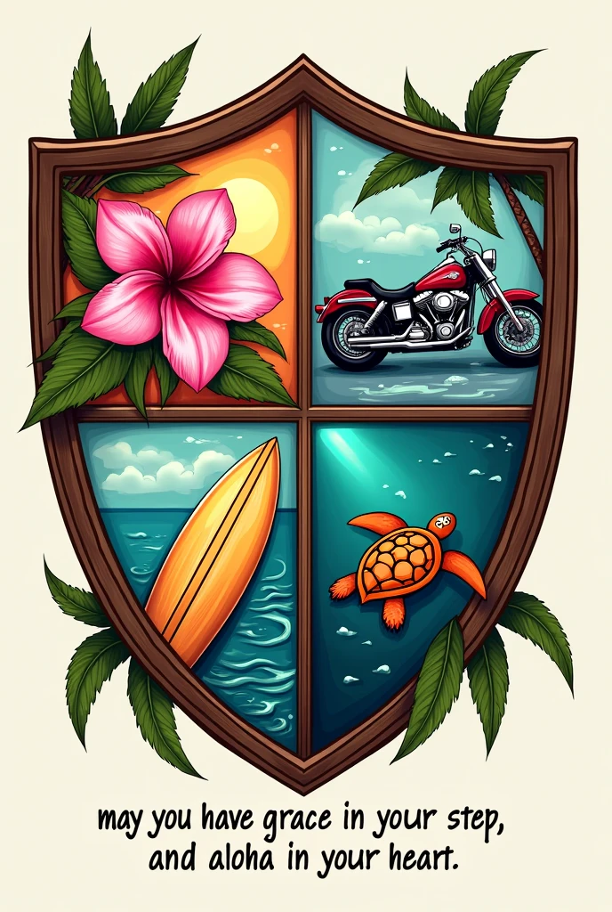 four-section shield, that has a shape similar to that of Hogwarts inside them they go: a pink hawaiian flower, a surfboard, a motorcycle and a turtle drawn in Hawaiian style, and under the shield that bears the words: may you have grace in your step song in your hand and aloha in your heart