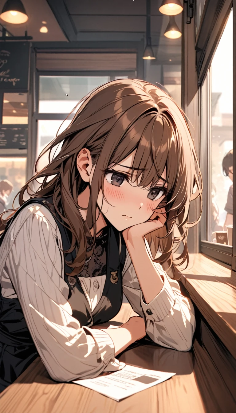 Beautiful and cute,single,long brown hair,beautiful black eyes,Sitting slumped at the table, looking out the window.,Make a sad face,At the coffee shop atmosphere table