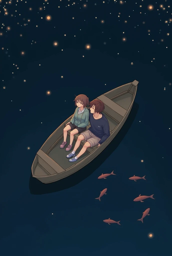 A couple, what sits in a small wooden boat at night. With fireflies and fish in the water. The perspective should be from above on the boat. The woman is wearing a jacket and shorts. The man has brown hair and is wearing shorts and a sweater. They sit next to each other and look at each other lovingly.