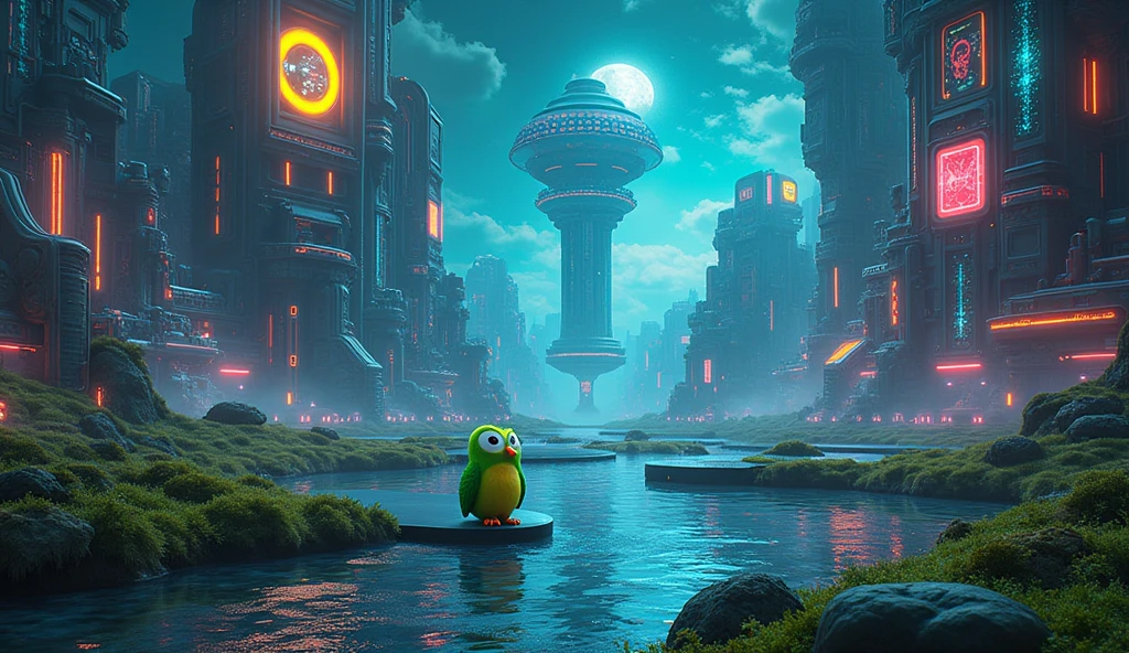 a technological maze in the universe, with a cartoon green owl, futuristic sci-fi landscape, ethereal energy fields, glowing neon structures, complex machinery, floating platforms, complex circuits, holographic screens, dynamic lighting effects, cinematic camera angle , digital art, 8k, high quality, photorealistic, intricate details, stunning images, vibrant colors, spectacular lighting, perfect composition in landscape format
