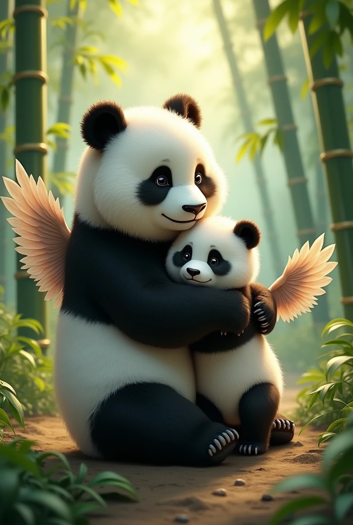Generate a panda mom with her panda son with wings