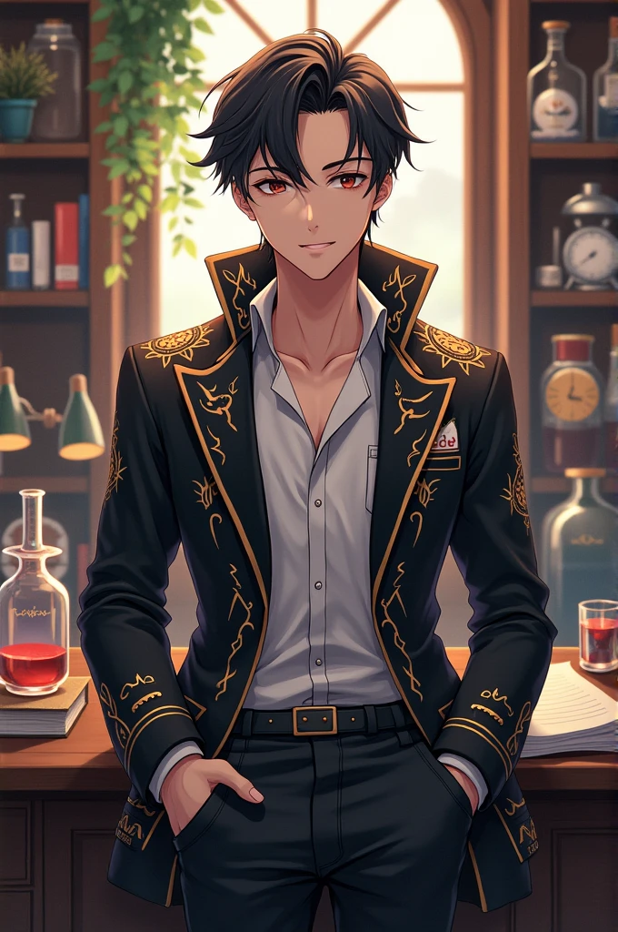 Male full body Anime charector in jecket in setting on a table