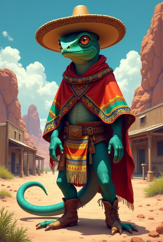 A humanoid chameleon in Mexican clothing. I'd like the art to be in a fantasy RPG style, set in the old west.