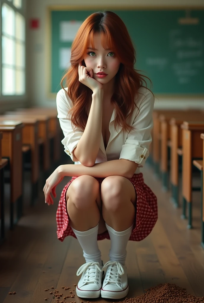 woman,slim,beautiful,large eyes,green eyes, Whole body, wide face, Wide nose, thick lips,hair, chestnut,seeds,, hair largo, staring straight into the camera,head on,full figure, Whole body, super detailed hands,with a white buttoned blouse,red skirt with schoolgirl style checks to the knees,small breasts,Round, firms, nalgas firms, round,white knee-high socks, white converse sneakers, inside a classroom,with school benches and decorations,intriguing gaze, with one hand on the chin,On knees, sketching a slight smile,and seductive look.