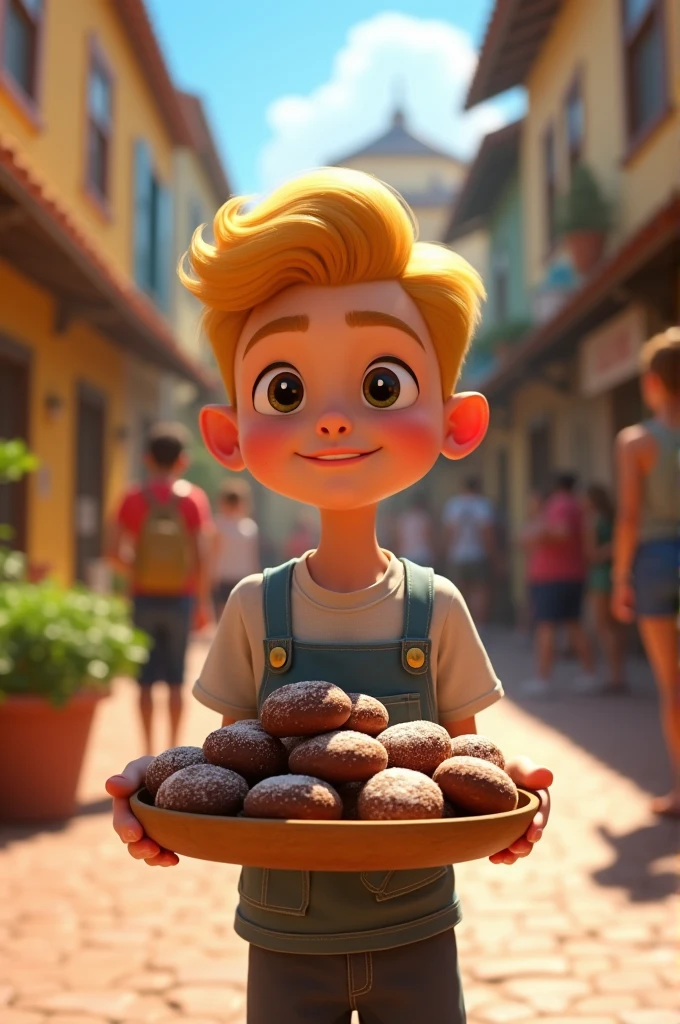 Raise a  boy.Blonde hair combed to the side,social court,Pixar-style, need is selling brigadeiro 
