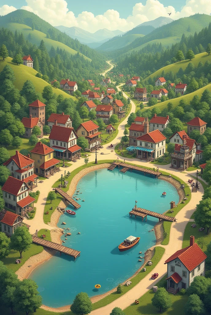 Map of a small town with a lake