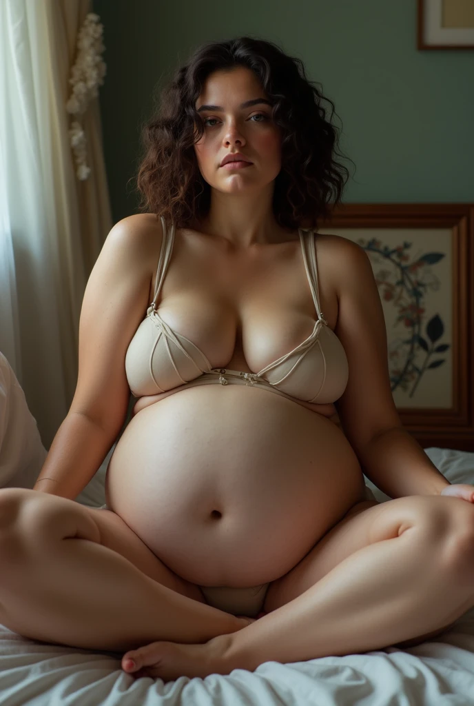 A brunette girl with curly hair and big breasts sits with her legs stretched out, taking a realistic photo