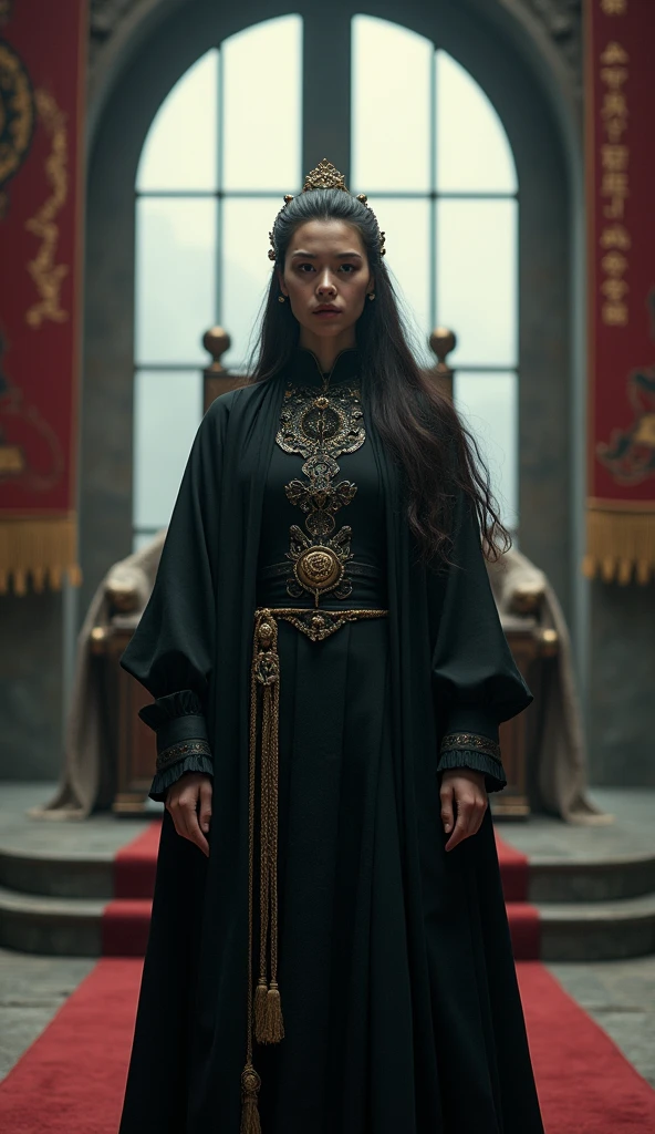 **Photo Scene Prompt for SeaArt.AI Captured with a Canon EOS 5D Mark IV: Daughter as a Widow-Ruler**
*Scene Setup:* The image is set in the throne room of her late husband's kingdom. The daughter of Genghis Khan stands at the forefront, dressed in a mix of mourning attire and royal garments, symbolizing her role as both a widow and a ruler. The background features a grand throne, banners of the kingdom, and symbols of power. Her expression is one of somber determination as she surveys her domain.
*Lens and Focus Settings:* Captured with a Canon EOS 5D Mark IV using a 50mm f/1.4 lens, the focus is on the widow-ruler, highlighting her strong posture and resolute gaze. The background elements, including the throne and banners, are slightly blurred, creating a depth of field that draws attention to her commanding presence.
*Lighting and Mood:* The lighting is soft and subdued, with natural light filtering through large windows, casting a gentle, somber glow across the scene. Shadows are used to convey the gravity of her situation, while also emphasizing her strength and resilience.
*Character Details:* The daughter is depicted in elegant, dark-colored robes with intricate details, symbolizing her mourning. The Canon EOS 5D Mark IV captures the fine textures of her attire, her composed expression, and the subtle signs of her authority, such as a crown or scepter. The scene reflects her dual role as both a grieving widow and a powerful ruler.
*Final Touches:* The color palette is dominated by deep, muted tones, with accents of gold and silver to signify her continued rule. The final image conveys a powerful narrative of loss, strength, and leadership, illustrating her unwavering control over her late husband’s kingdom.