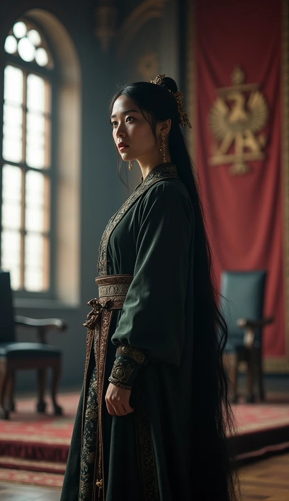 **Photo Scene Prompt for SeaArt.AI Captured with a Canon EOS 5D Mark IV: Daughter as a Widow-Ruler**
*Scene Setup:* The image is set in the throne room of her late husband's kingdom. The daughter of Genghis Khan stands at the forefront, dressed in a mix of mourning attire and royal garments, symbolizing her role as both a widow and a ruler. The background features a grand throne, banners of the kingdom, and symbols of power. Her expression is one of somber determination as she surveys her domain.
*Lens and Focus Settings:* Captured with a Canon EOS 5D Mark IV using a 50mm f/1.4 lens, the focus is on the widow-ruler, highlighting her strong posture and resolute gaze. The background elements, including the throne and banners, are slightly blurred, creating a depth of field that draws attention to her commanding presence.
*Lighting and Mood:* The lighting is soft and subdued, with natural light filtering through large windows, casting a gentle, somber glow across the scene. Shadows are used to convey the gravity of her situation, while also emphasizing her strength and resilience.
*Character Details:* The daughter is depicted in elegant, dark-colored robes with intricate details, symbolizing her mourning. The Canon EOS 5D Mark IV captures the fine textures of her attire, her composed expression, and the subtle signs of her authority, such as a crown or scepter. The scene reflects her dual role as both a grieving widow and a powerful ruler.
*Final Touches:* The color palette is dominated by deep, muted tones, with accents of gold and silver to signify her continued rule. The final image conveys a powerful narrative of loss, strength, and leadership, illustrating her unwavering control over her late husband’s kingdom.