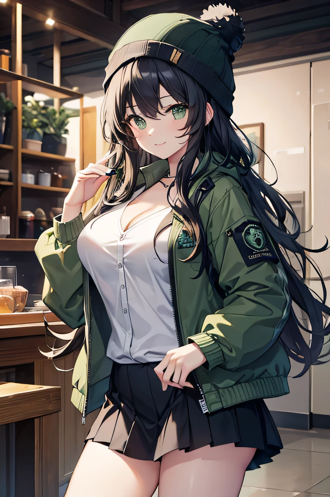 masterpiece, high quality, A pretty woman, Long hair, wavy hair, black hair, green eyes, smiling face, big breasts, juicy breasts, Open shirt, short skirt, dark green jacket, black beanie hat
