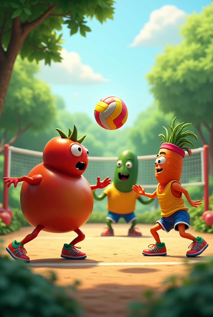 Scenario: A volleyball court with a net in the middle, surrounded by a cheerful scenery, like a garden or a vegetable garden.
Vegetable players: A tomato as the attacker, a cucumber as the setter and a carrot as the defender. They may be wearing colorful sportswear and jumping or doing typical volleyball moves..
Action: The tomato is about to deliver a powerful serve, while the carrot is in the receiving position, and the cucumber is ready to lift the ball.