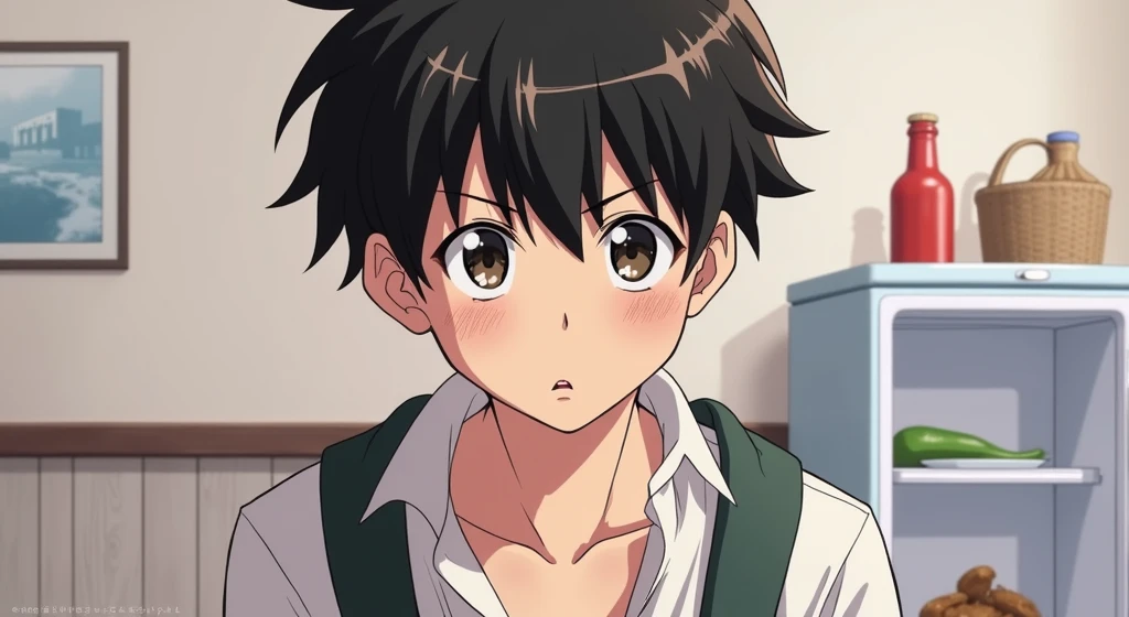 The characters are in the style of Japanese animation of the 80s and 90s. The protagonist (male) of the film is a . He comes from a middle-class family, but is now without food. He looks hungry.